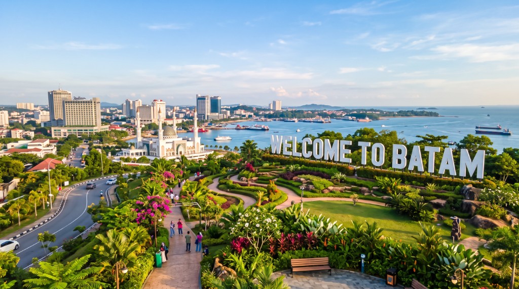 Panorama Kota Batam — taman, masjid, dan teluk Batam